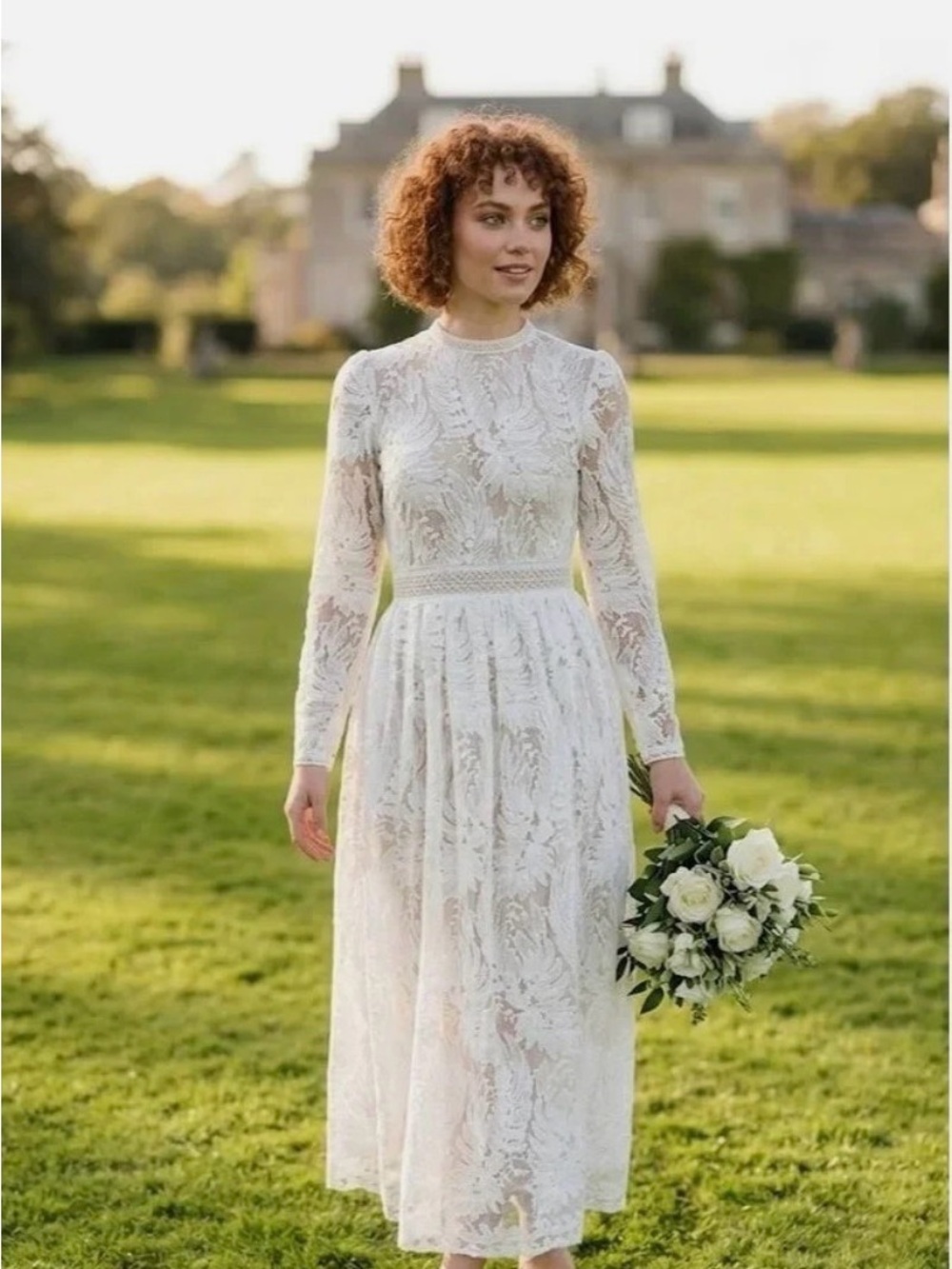 Ivy City Co White Lace Long-Sleeve Midi Dress